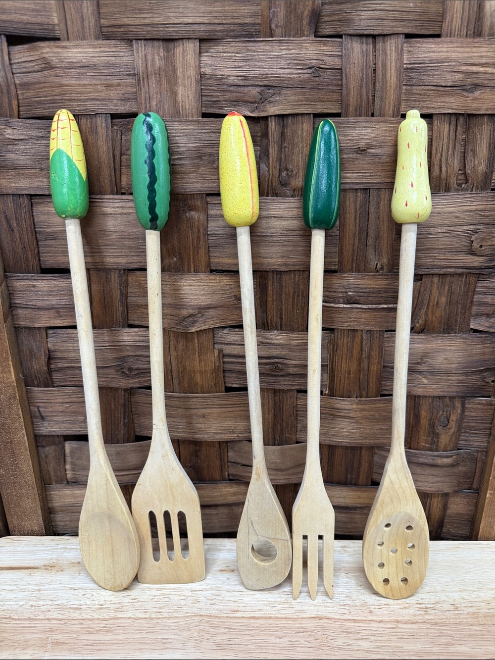 Hand-Painted Wooden Cooking Utensils Set - Garden Veggie Handles